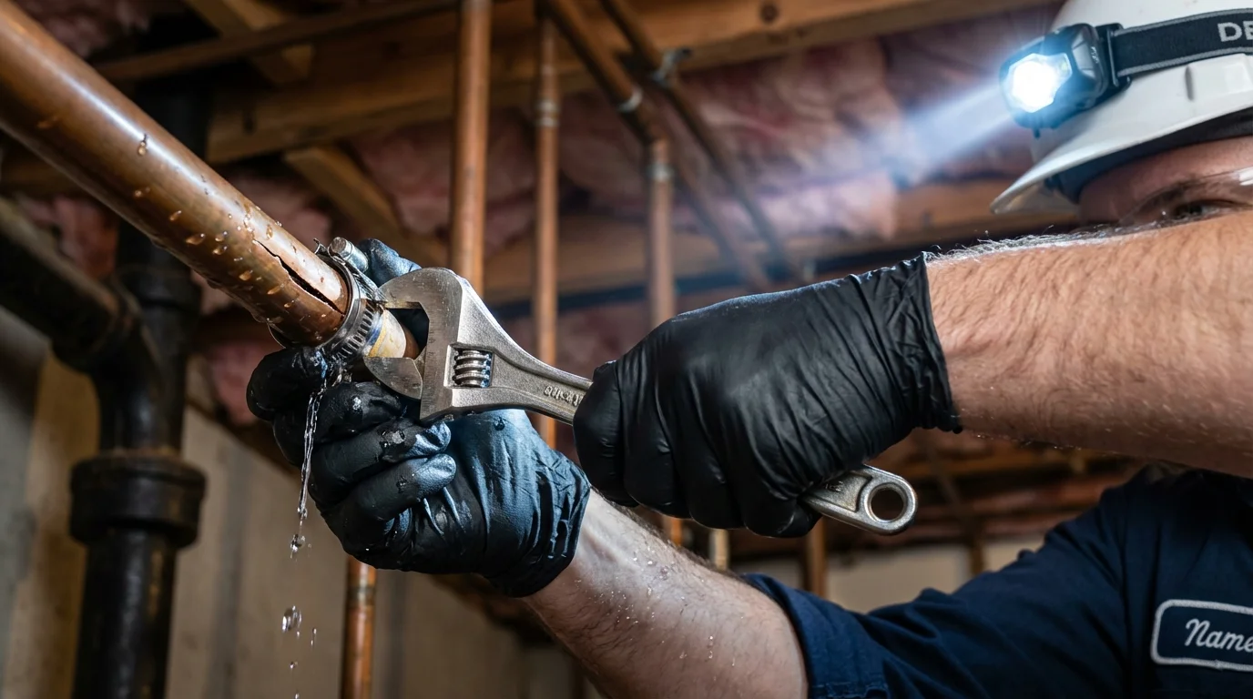 Emergency pipe clamp repair being performed by a Johns Plumbing LLC plumber in Merritt Island