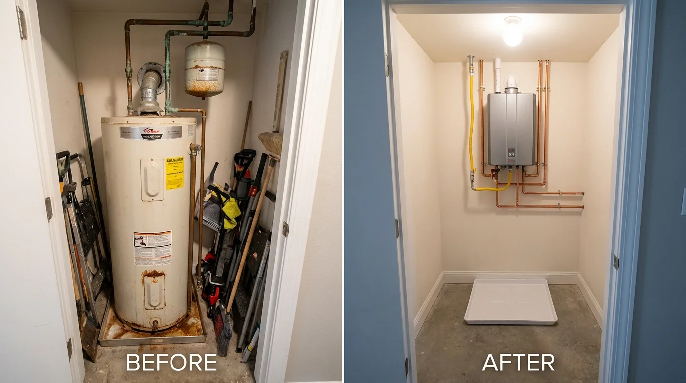 Tank water heater versus wall-mounted tankless unit comparison for Merritt Island, FL homeowners