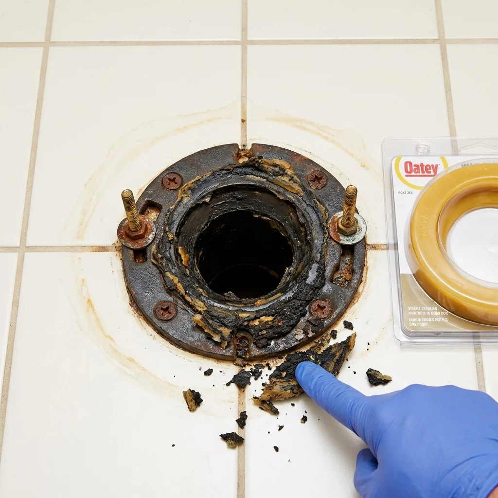 Failed wax ring showing water seepage at the base of a toilet in a Merritt Island, FL home