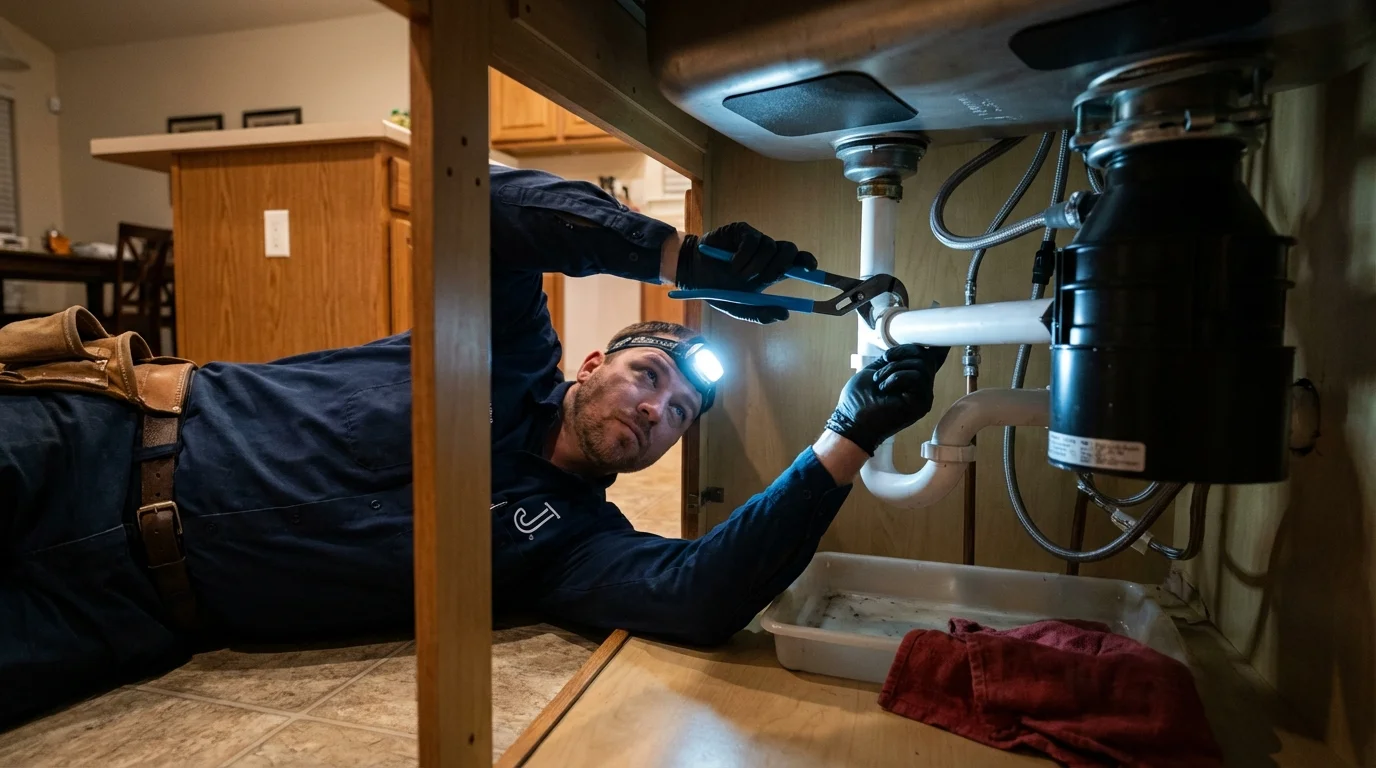 P-trap and supply line connections under a kitchen sink showing a common leak point in Merritt Island, FL